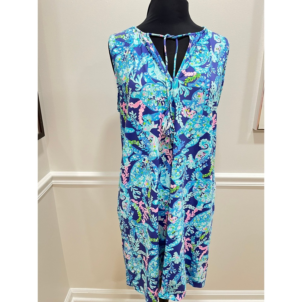 Lilly Pulitzer Sea You Again Turtle Print Sleeveless Tassel Shift Dress Blue M